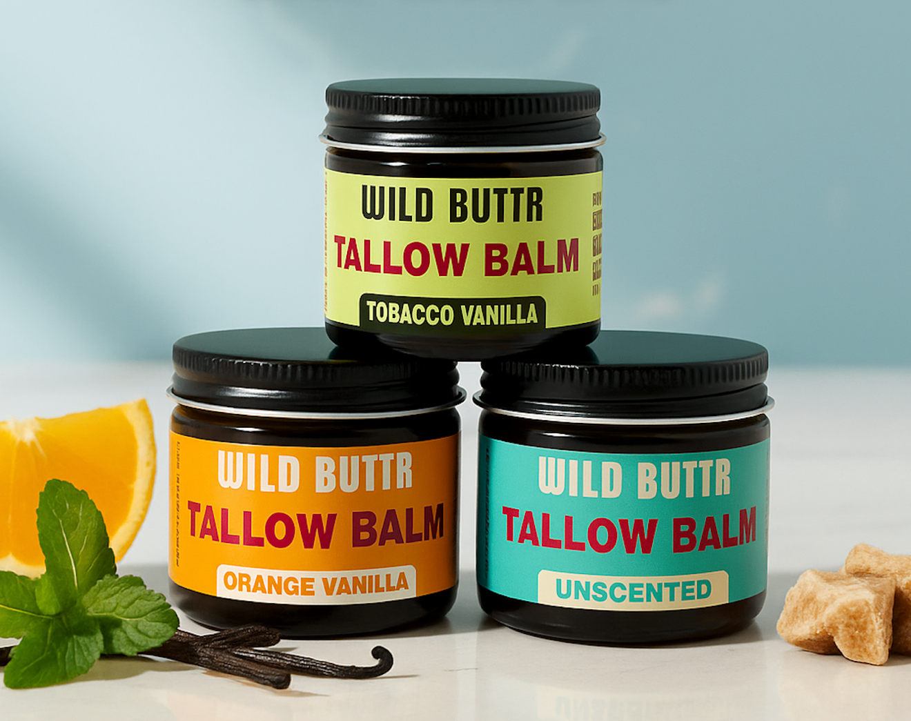 Wild Buttr whipped tallow skincare bundle with unscented, orange vanilla, and tobacco vanilla for deep moisture and skin barrier support