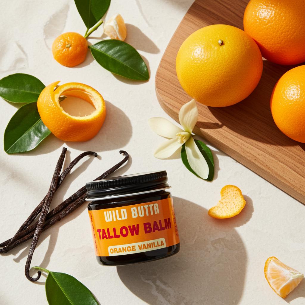 Jar of Wild Buttr Tallow Balm with oranges, vanilla beans, and flowers on a light background