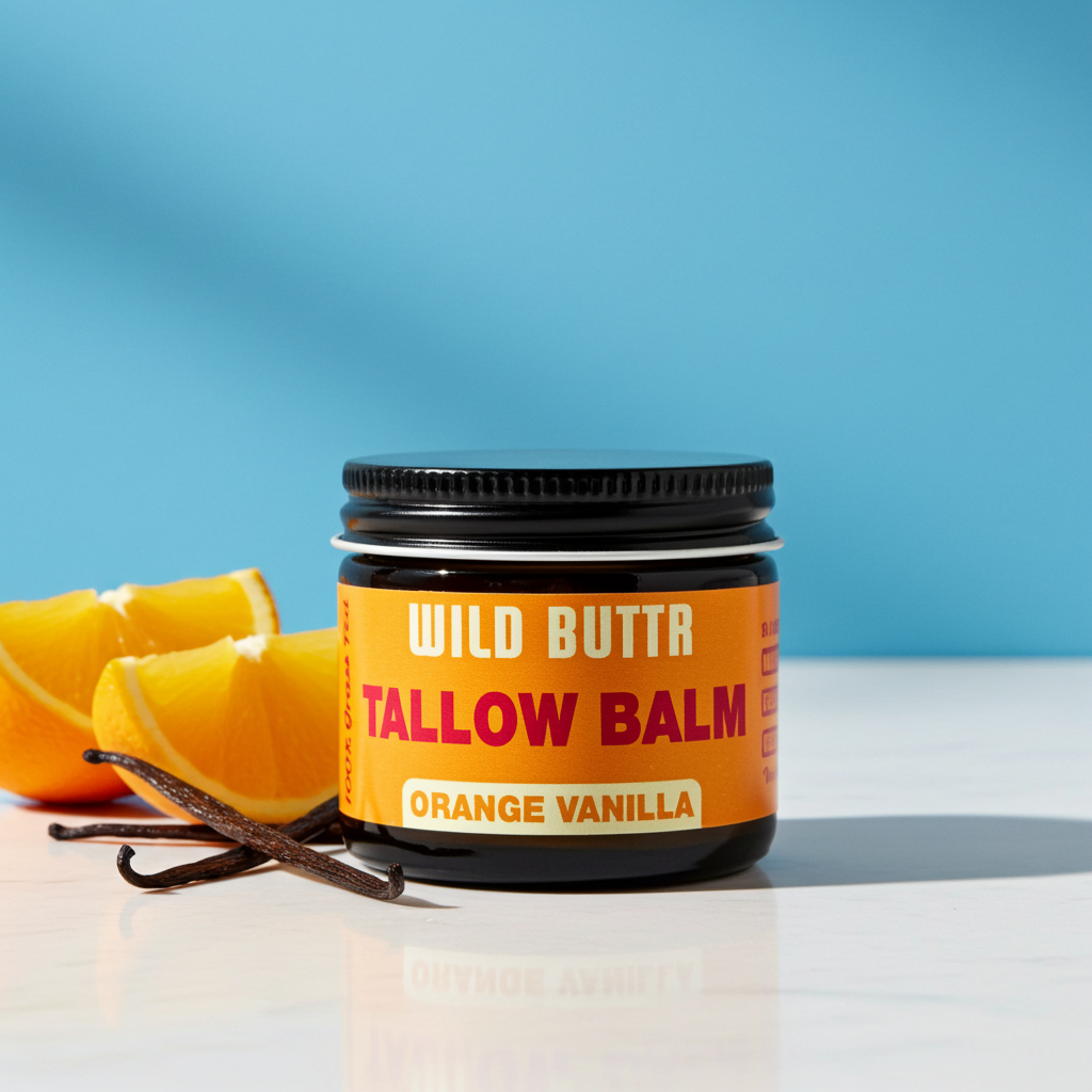 Wild Buttr tallow orange vanilla with oranges and vanilla and blue background
