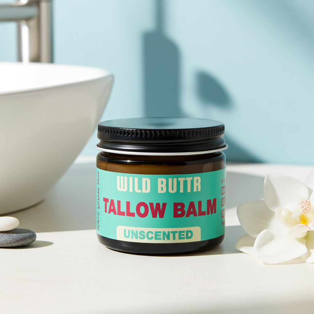 Jar of Wild Buttr Tallow Balm on a bathroom counter with a light blue wall in the background.