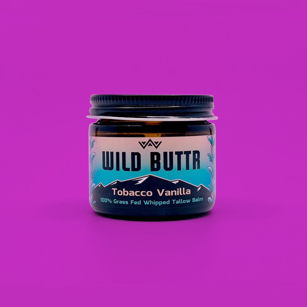 Wild Buttr Tobacco Vanilla grass-fed tallow body butter with rich, warm scent and organic ingredients for moisturizing and nourishing skin