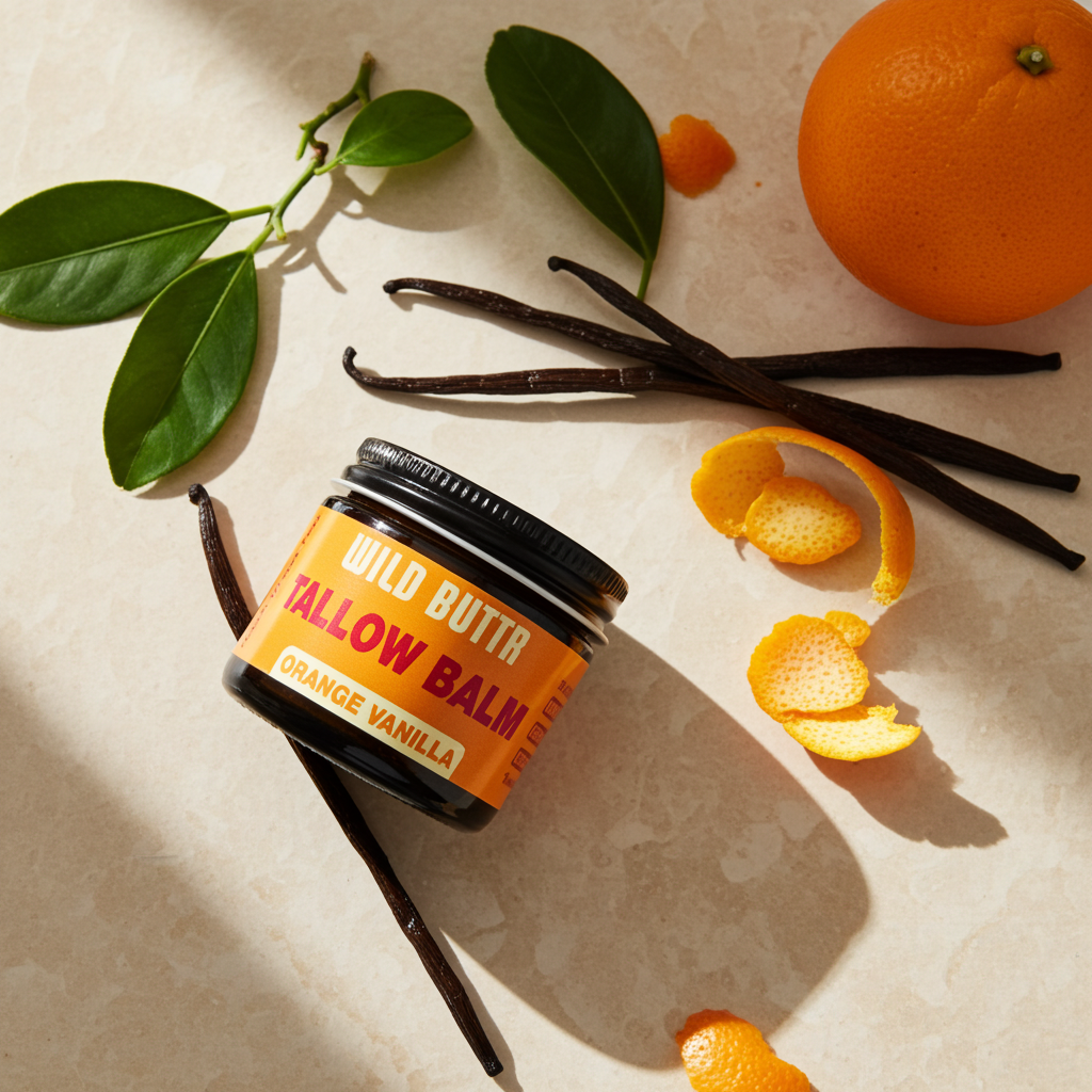 Jar of Wild Butta Tallow Balm with vanilla beans, oranges, and leaves on a beige background