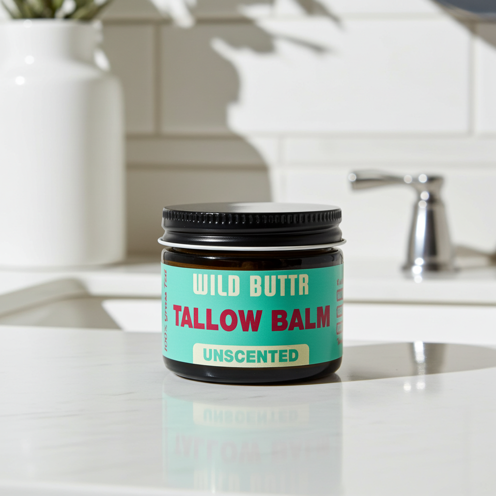 Jar of Wild Buttr Tallow Balm on a bathroom counter
