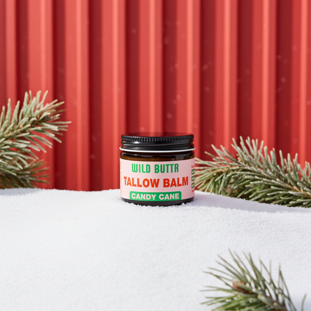 Candy Cane tallow skincare in snow
