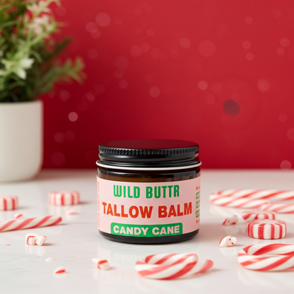 Candy Cane whipped tallow in christams style jar and candy canes around it