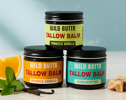 Wild Buttr whipped tallow skincare bundle with unscented, orange vanilla, and tobacco vanilla for deep moisture and skin barrier support