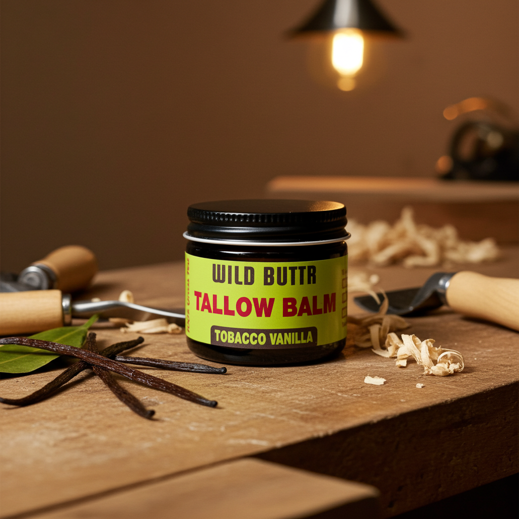 Wild Buttr 100% grassfed beef wallow tobacco vanilla on desk