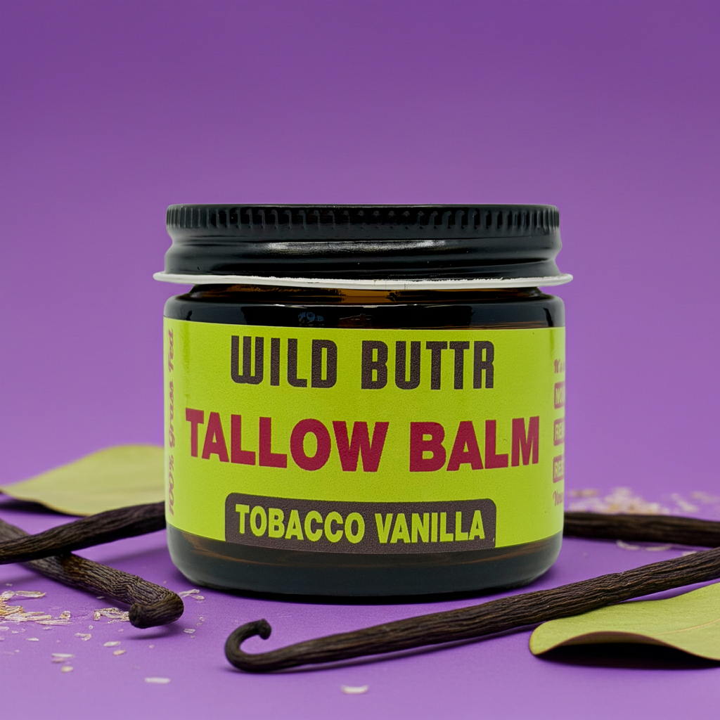 Wild Buttr Tallow scented as tobacco vanilla with purple background and vanilla stems