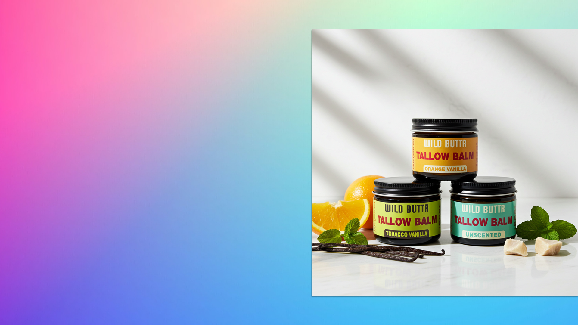 Wild Buttr Tallow stackdd with scents and colorful left