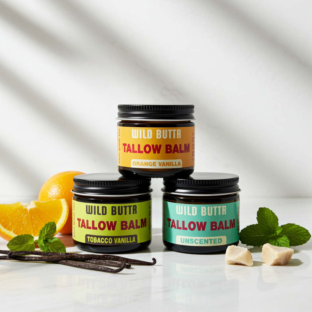 Wild Buttr Tallow stacked with scents and white background