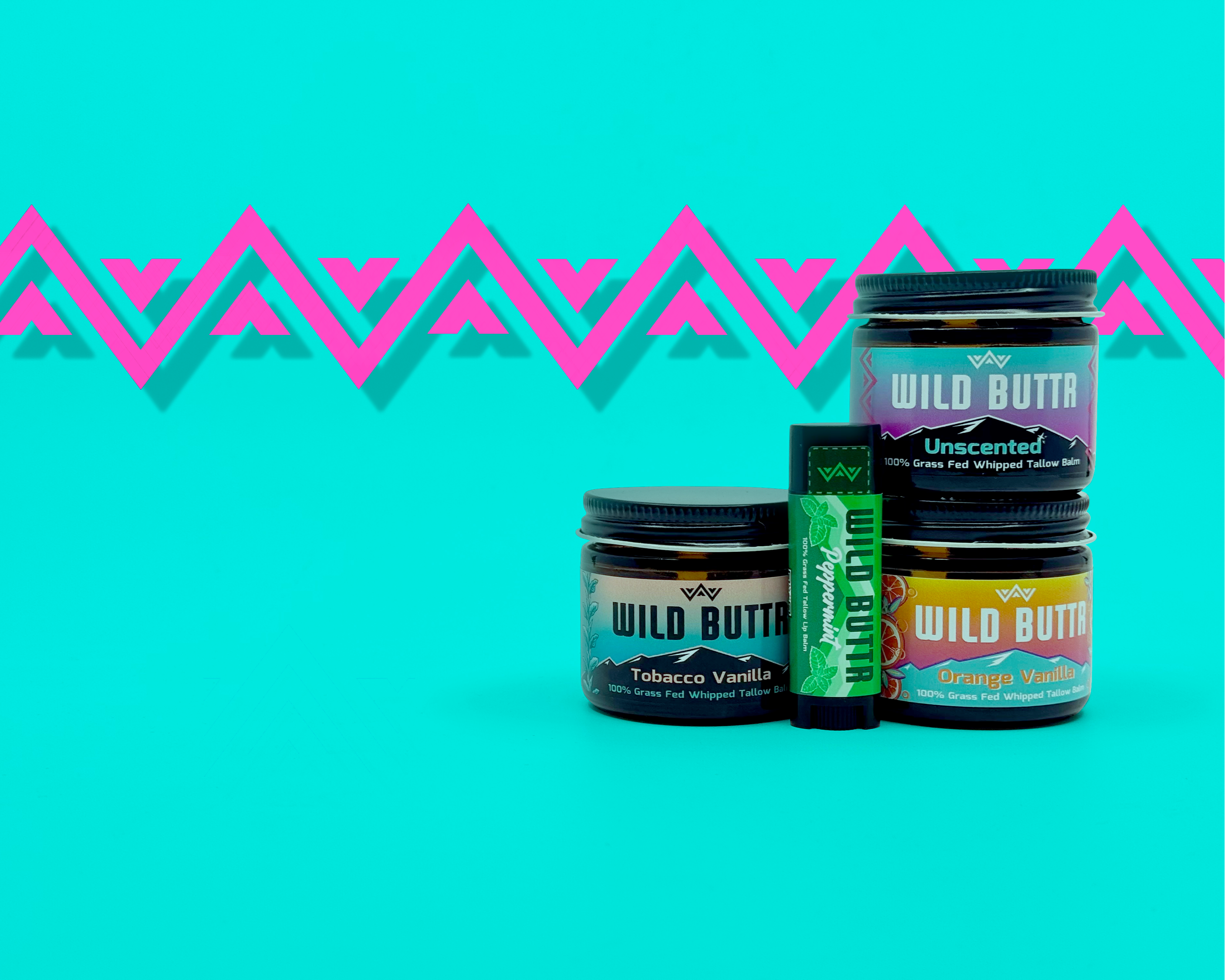Grass-fed tallow skincare products by Wild Buttr with organic ingredients for face and body care on blue background