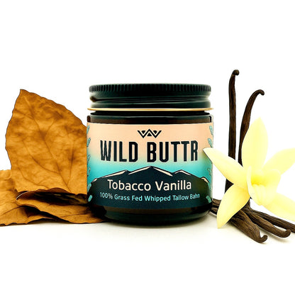 Wild Buttr Tobacco Vanilla grass-fed tallow body butter with fresh tobacco leaves and vanilla beans for rich scent, deep hydration, and organic skincare